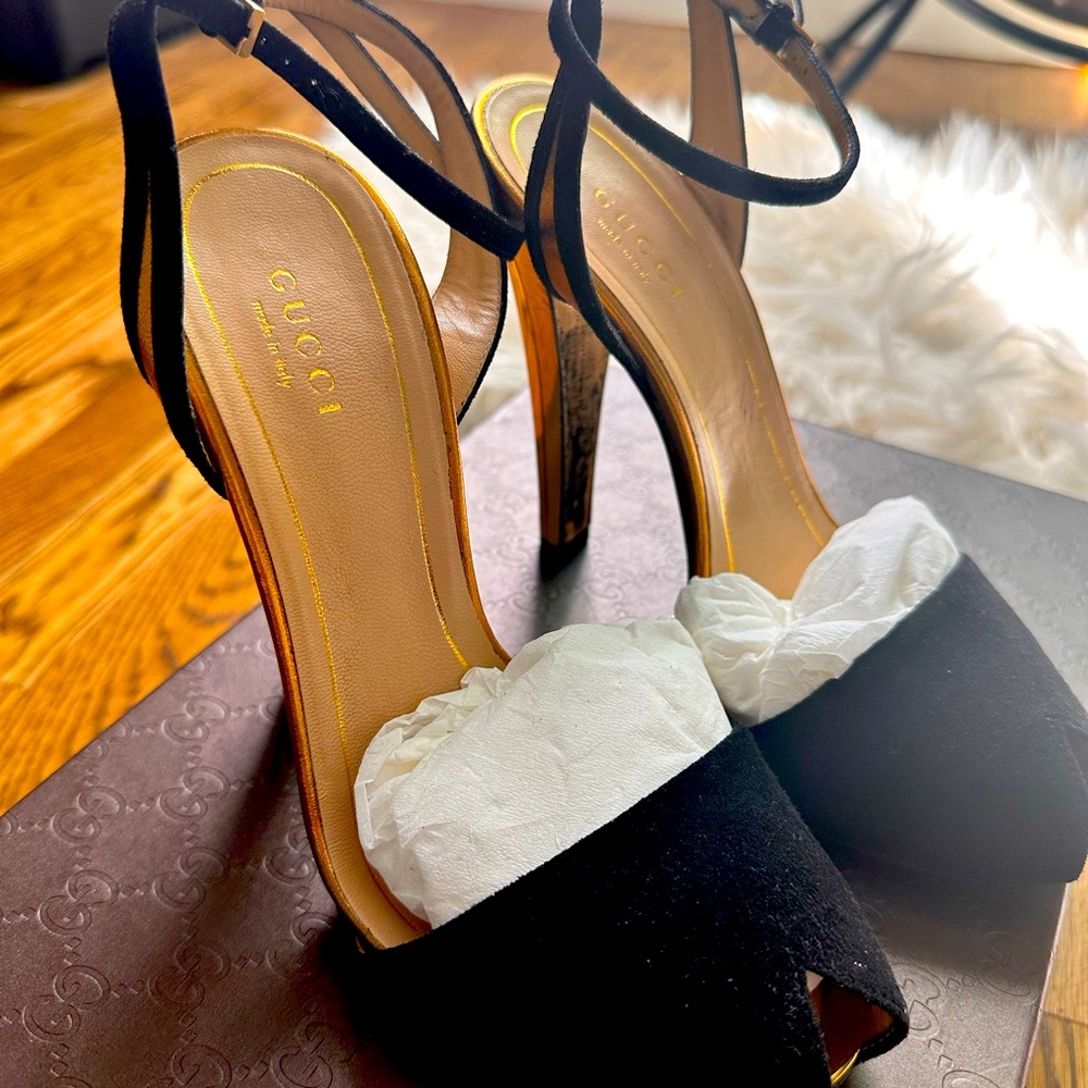 Gucci Peep toe black suede and gold ankle strap heels